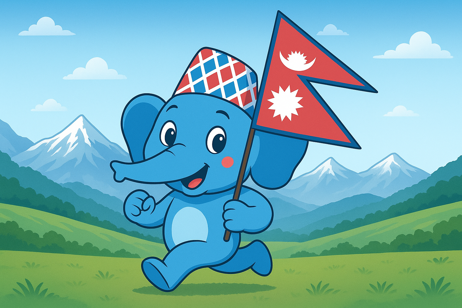 Hatti holding Nepali flag with mountains